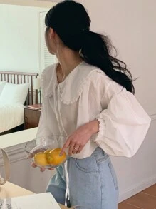 DAZY Của phụ nữ Đứng cổ áo Áo sơ mi Với Lá sen tỉa - trắng - Xem 3