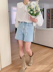 DAZY Của phụ nữ Đứng cổ áo Áo sơ mi Với Lá sen tỉa - trắng - Xem 5