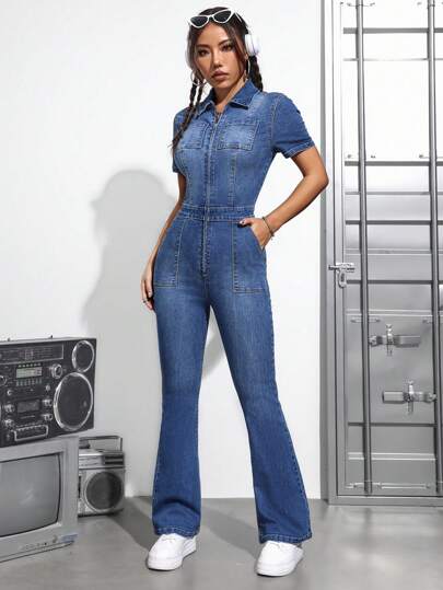 SHEIN EZwear Women's Short Sleeve Denim Jumpsuit With Zipper Front