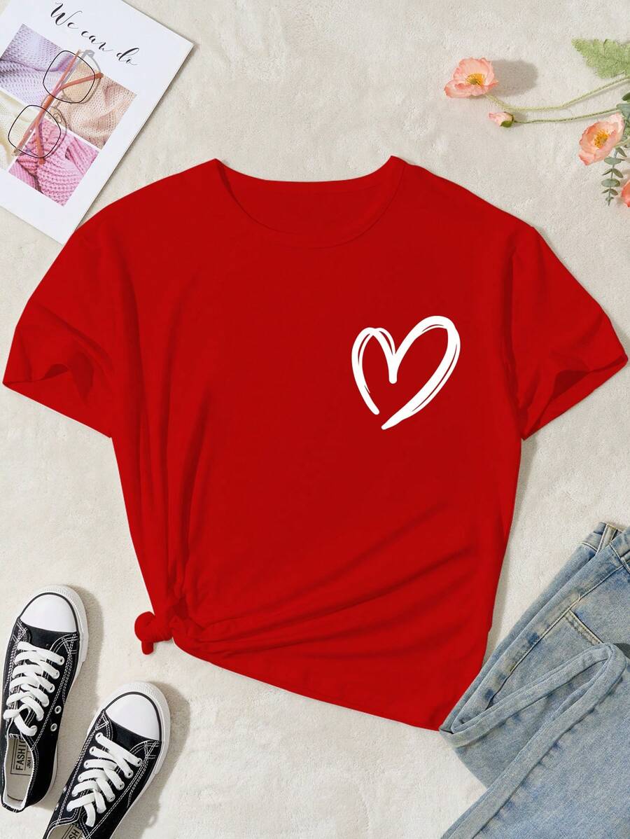 Sparklyn Áo thun in hình trái tim tối giản, thường ngày dành cho bé gái, thích hợp mặc mùa hè, đi học, hoạt động ngoài trời, cắm trại, mặc hàng ngày - Đỏ - Xem 1