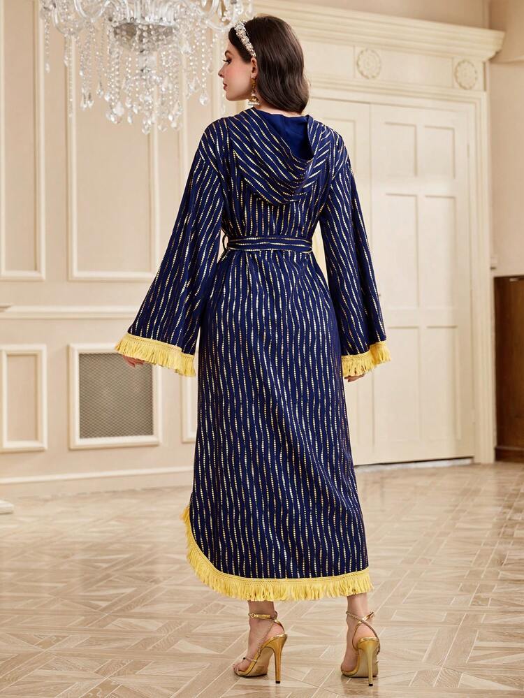 Full-Printed Fringed Sleeve Cuff Belted Hoodie Dress Kaftan Jalabiya Dress