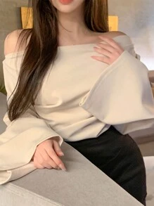 DAZY Women's Off-The-Shoulder Flared Sleeve T-Shirt,Fall Clothes,Back To School Clothes Long Sleeve Women Tops Off Shoulder Top - Apricot - View 3