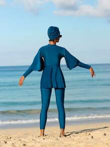 Swim Mulvari 女式布基尼套裝3入組泳裝，波浪邊荷葉邊上衣和全包覆下褲，包括罩裙、褲子和帽子，無鋼圈設計 - 水鴨藍 - 查看 5