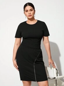 BizChic Conjunto De Camiseta De Manga Corta Para Mujer De Talla Grande Y Falda Con Cremallera Asimétrica