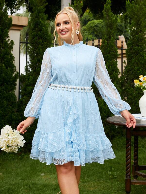 Simplee Plus Size Autumn New Exquisite Lace Long Sleeve Overlay Short Dress, Ruffle Hem, No Belt, Suitable For Dating, Vacation, Wedding Guest Wear