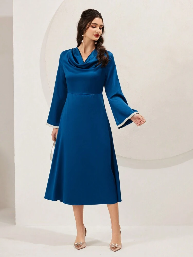 Women's Draped Collar Color Block Trim Bell Sleeve A-Line Dress Long Evening Dresses Fall Cloth For Women