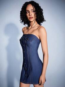 Forever 21 Women's Button Front Strapless Dress - Blue - View 5