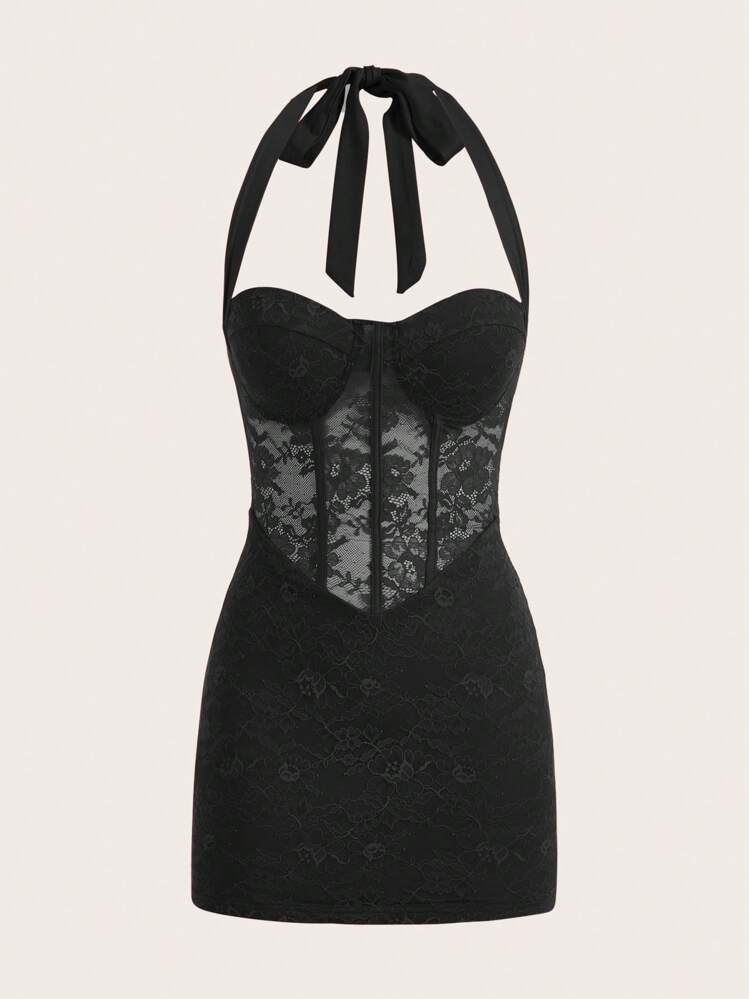 SHEIN ICON Women's Lace Splice Halter Neck Tie Waist Dress | SHEIN USA