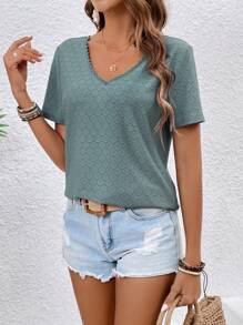 SHEIN Frenchy Của phụ nữ Màu thuần Ren Nối Áo thun Với nút Chi tiết Trở lại - màu xanh lá - Xem 2