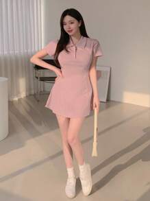 DAZY Women's Button-Down Half Placket Casual Dress - Pink - View 3