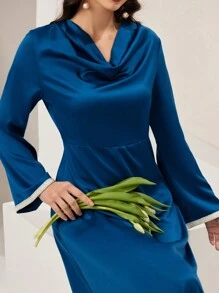 Modelyn Women's Draped Collar Color Block Trim Bell Sleeve A-Line Dress Long Evening Dresses