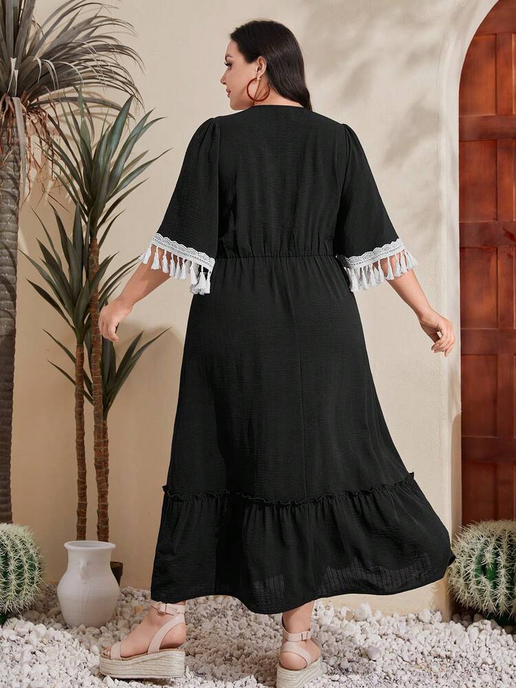 Plus Size Woven Belt & Tassel Adornment Patchwork Dress