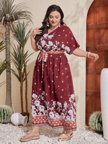 Mulvari Vestido De Talla Grande Con Estampado De Flores Y Cuello Envolvente Para Mujer