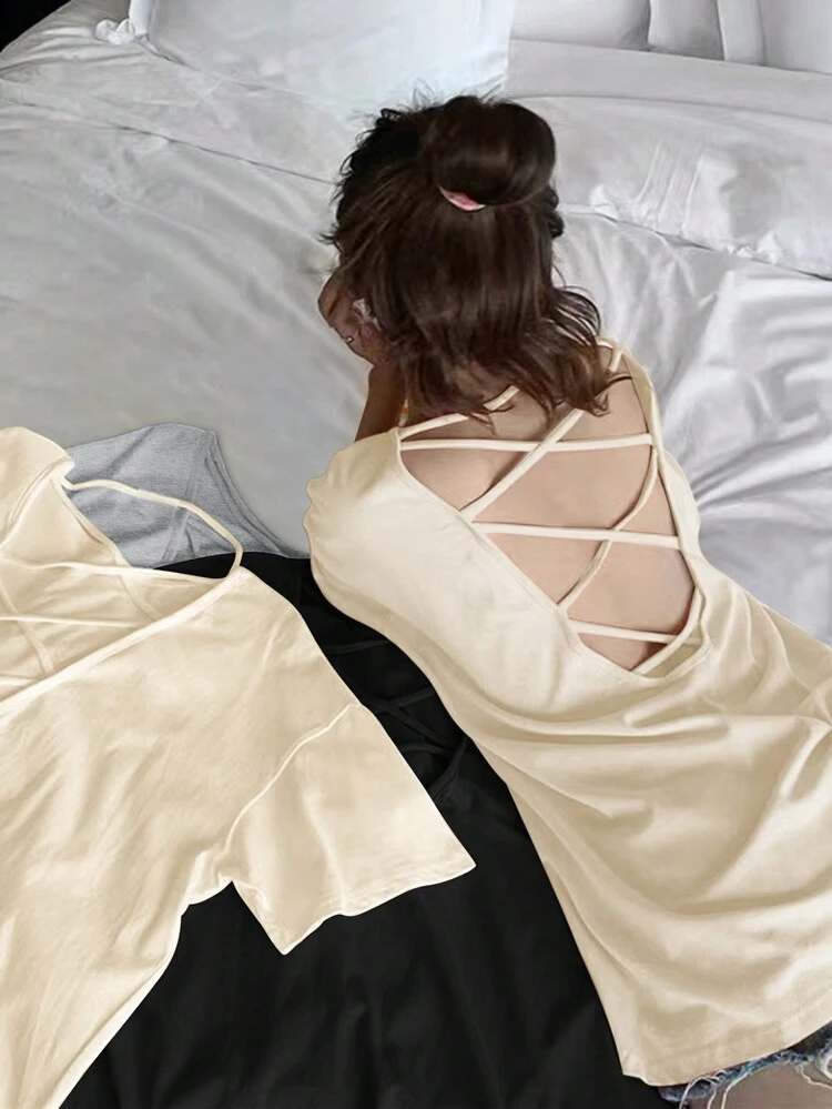 Plus Size 3pcs/Set Cross Back Loose Fit Casual T-Shirts