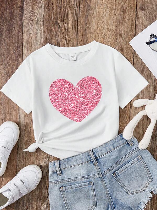 SHEIN T-shirt Décontracté À Manches Courtes À Motif Cœur Pour Adolescentes, Adapté À L'été
