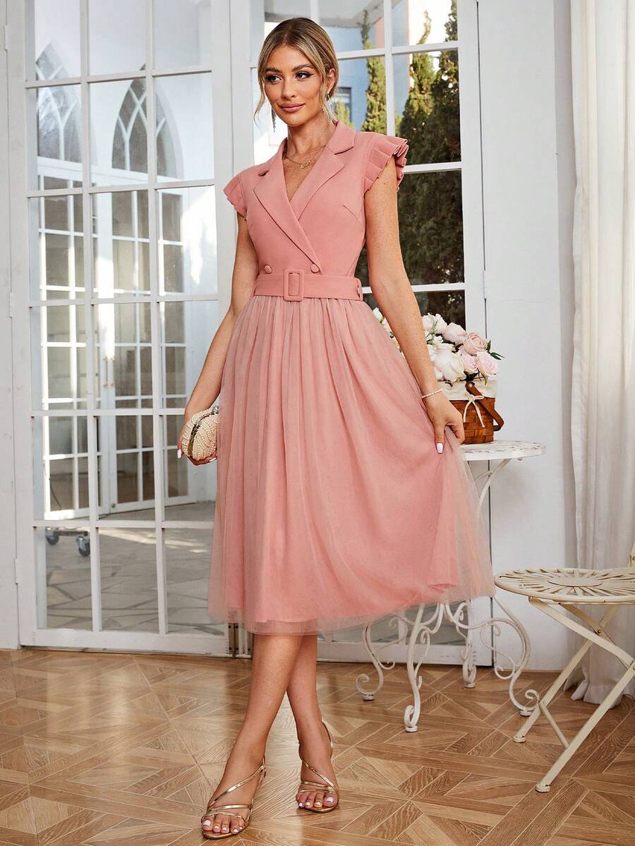 Simplee Women's Mesh Contrast Short Cape Sleeve A-Line Dress - Pink - View 1