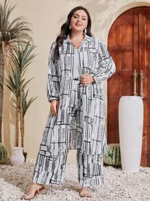 Mulvari 大码女式印花长袖衬衫和裤子两件套 2 件套 - 黑與白 - 查看 7