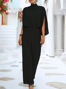 Women's Solid Color Jumpsuit With Slit Sleeves, Black - Black - View 4