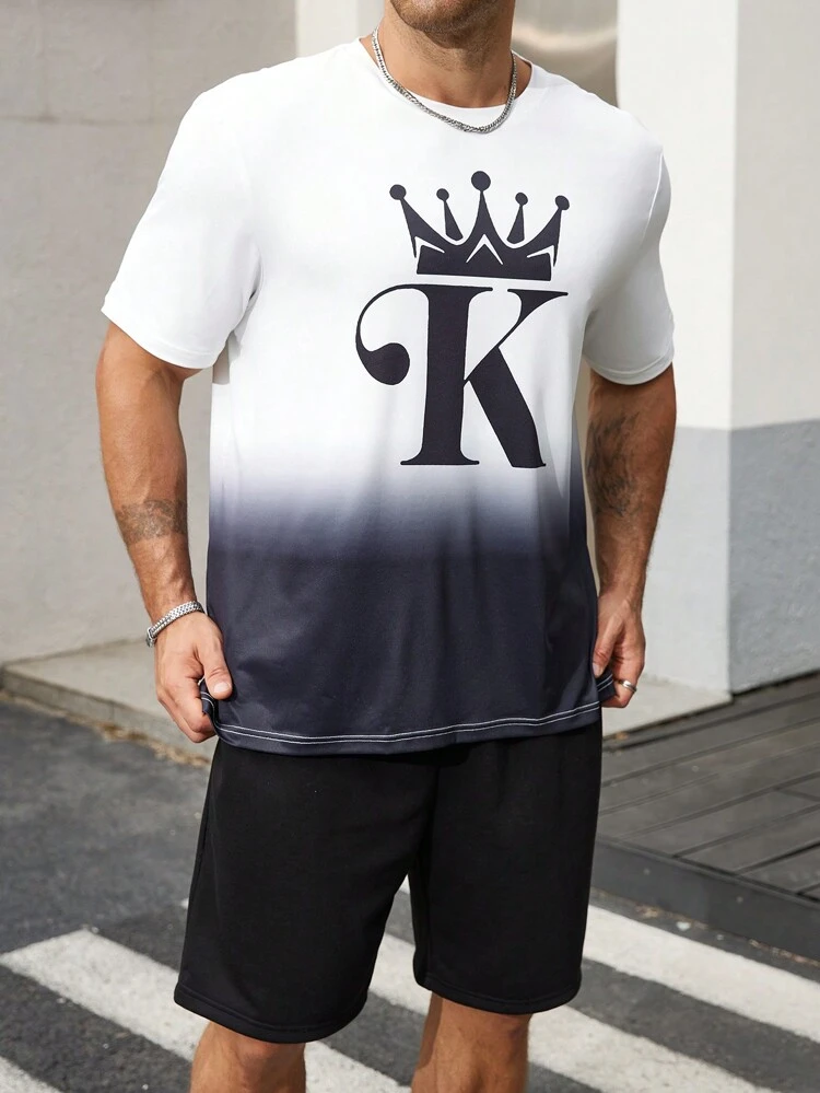 Men's Plus Size Crown And Letter Printed Ombre T-Shirt With Solid Color Shorts 2pcs Set