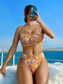 SHEIN Swim Bộ bikini hoa Ditsy dành cho nữ bãi biển mùa hè Valentine - Nhiều màu - Xem 1