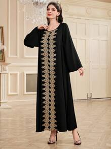 Al Najma Floral Applique Decoration Long Dress - Black - View 7