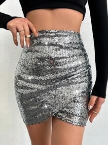EURMUSE Women's Wrap Sequin Skirt - Grey - View 5