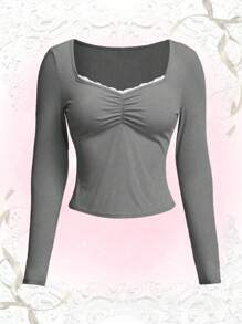 SHEIN MOOSTA Kích thước lớn Của phụ nữ Dễ thương Viền ren Tay áo dài Cơ sở Áo thun - Màu Xám nhạt - Xem 1