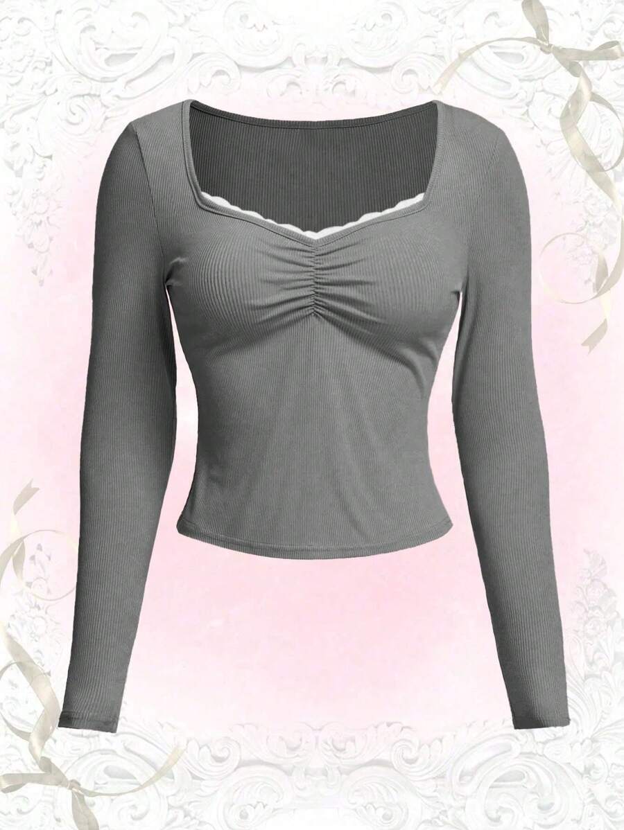 SHEIN MOOSTA Kích thước lớn Của phụ nữ Dễ thương Viền ren Tay áo dài Cơ sở Áo thun - Màu Xám nhạt - Xem 1
