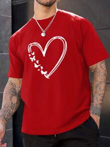 Manfinity Homme 男士短袖t恤,帶有愛心圖案 - 紅色 - 查看 1