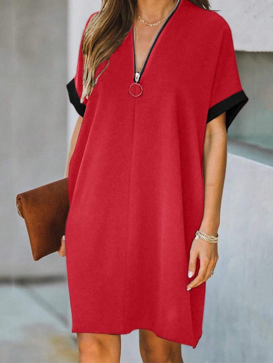 SHEIN LUNE Women's Colorblock Border Batwing Sleeve Dress - Red and Black - View 1