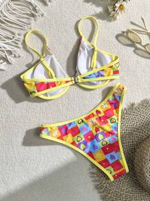 Swim Mod Women's Heart Print Bikini Set Summer Beach - Multicolor - View 3