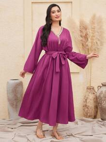 Al Najma Crystal Decorated V-Neck Waist Cinched Dress - Purple - View 3