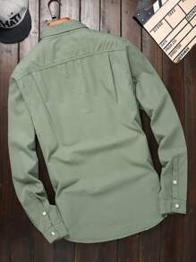 Manfinity Homme Men's Solid Color Long Sleeved Denim Shirt, Button Up Cotton Plain Dark Green Vintage Shirt - Green - View 2