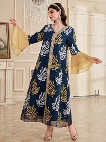 Al Najma Women's Arabian Style Plant Print Patchwork Tape Dress - Navy Blue - View 1