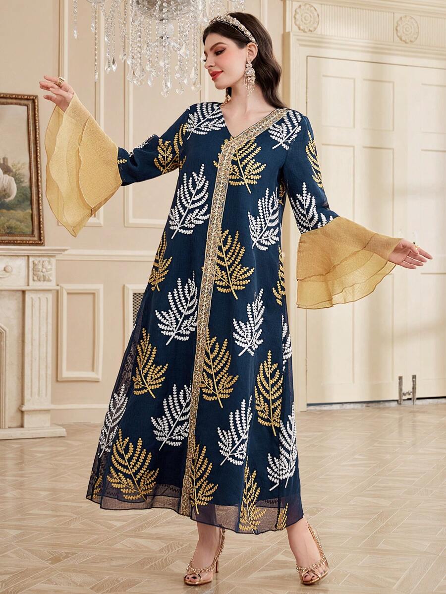 Al Najma Women's Arabian Style Plant Print Patchwork Tape Dress - Navy Blue - View 1