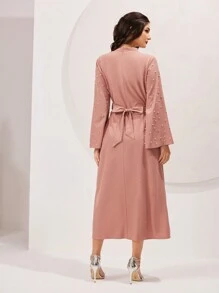 Modelyn 女士純色帶扣頸帶珍珠裝飾連衣裙 - 藕粉色 - 查看 2