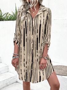 EMERY ROSE Women's Striped Shirt Style Dress With Collar And Tied Sleeves Fall Cloth For Women