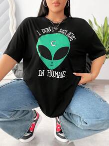 SHEIN EZwear Plus Alien & Slogan Graphic Drop Shoulder Tee - Black - View 6