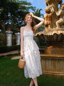 Vacation & Casual Ditsy Floral Spaghetti Strap Dress - Beige - View 5