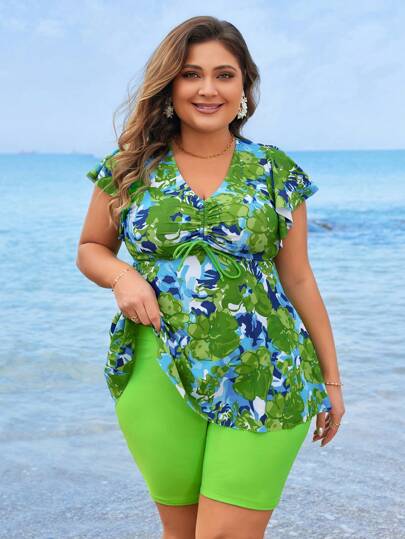 Swim Lushoire 大尺碼花朵荷葉邊比基尼套裝,嘉年華專用