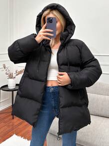 EURMUSE Solid Zip Up Hooded Puffer Coat - Black - View 4