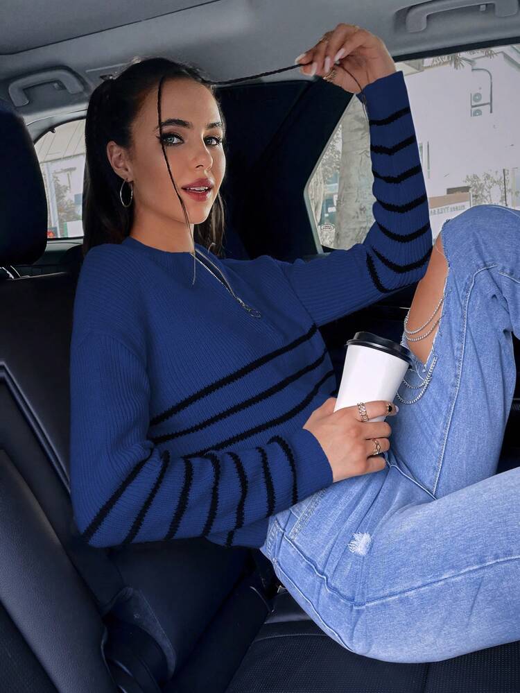 Half Zip Striped Pullover Knit Pullover Fall Winter Sweater