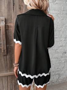 SHEIN Clasi 女士編織帶拼接休閒兩件套裝 - 黑色 - 查看 2