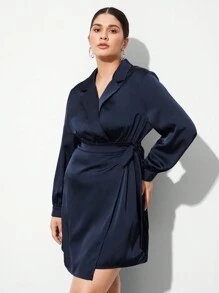 BizChic Plus Size Solid Color Surplice Wrap Belted Dress - Navy Blue - View 3