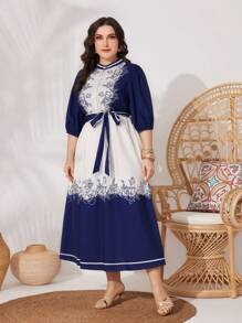 Mulvari Plus Size Women's Flower Printed Stand Collar Color Block Dress