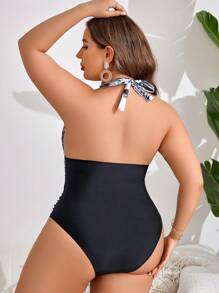 SHEIN Swim Curve Summer Beach Plus Size Tropical Print Backless Halter One Piece Swimsuit - Black and White - View 2