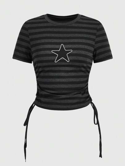 Grunge Punk Camiseta de cuello redondo ajustada con estampado de rayas, bordado de estrellas y cordón lateral para mujer, escuela