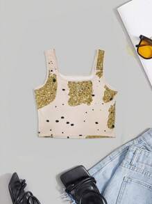 INAWLY Women's Eye Printed Cropped Tank Top - Beige - View 2