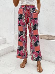 Breezaya Women's High Waist Floral Print Tie-Front Wide Leg Pants Fall Cloth For Women - Multicolor - View 1