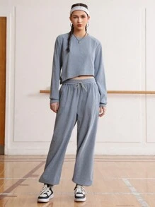 SHEIN Sports Women's Split Hem Cropped Top And Slant Pocket Pants Sportswear Set - Baby Blue - View 8